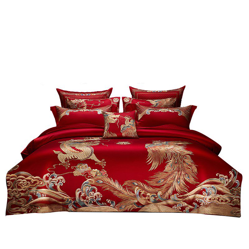 新疆长绒棉e重绣婚庆四件套全棉喜庆结婚床上用品大红龙凤喜被,床上用品,婚庆床品套件,淘宝优惠券,粉丝福利购,淘宝优惠卷