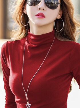 绿色打底衫女薄款半高领长袖t恤中领F时尚洋气内搭2024秋季新款