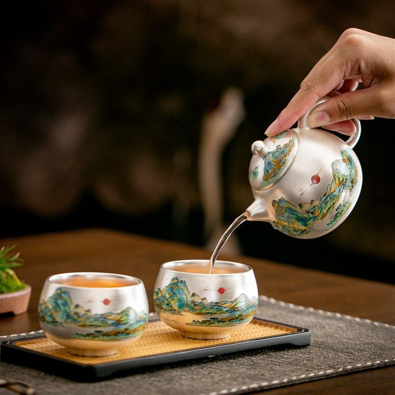 千里江山鎏银茶具套装高颜值送长辈朋友送K领导礼物送公司商务礼