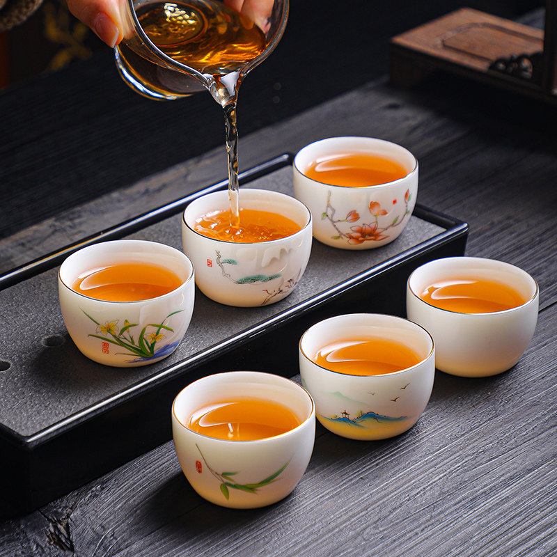 国风功夫茶杯6只装厚胎不烫手羊脂玉白瓷品茗P杯陶瓷杯茶具送杯架