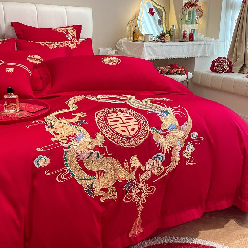 中式大红色龙凤婚庆四s件套全棉被套结婚陪嫁送礼床上用品,床上用品,婚庆床品套件,淘宝优惠券,粉丝福利购,淘宝优惠卷