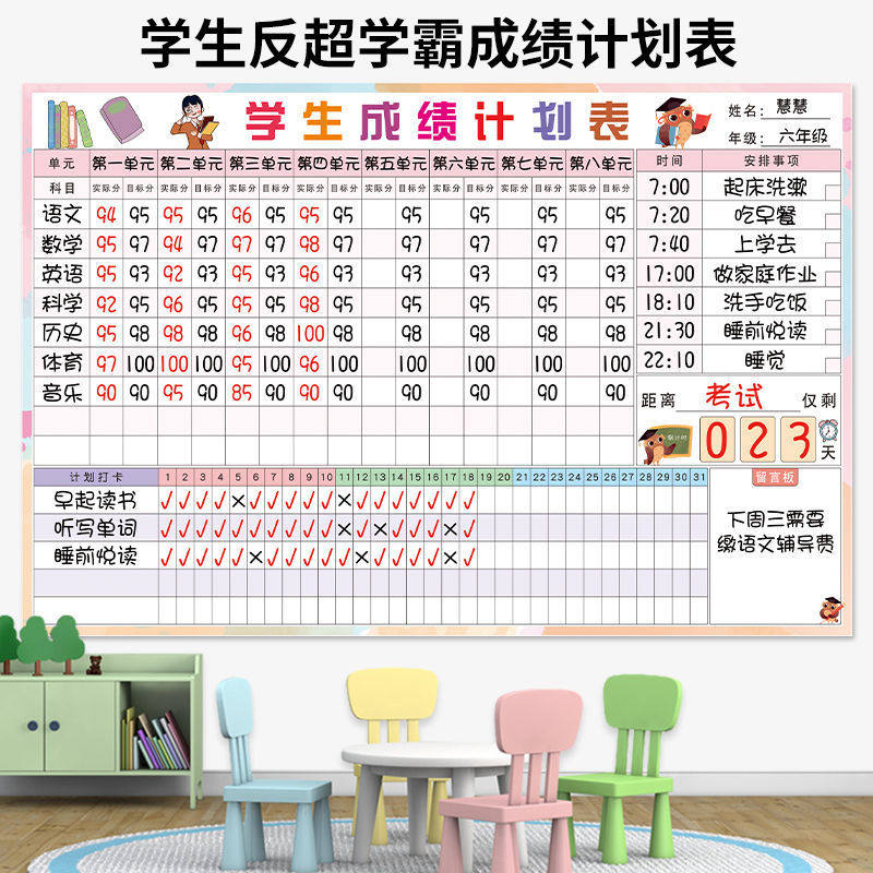 现货速发a可擦写学生成绩表学习打卡计划表墙贴儿童逆袭奖罚作息