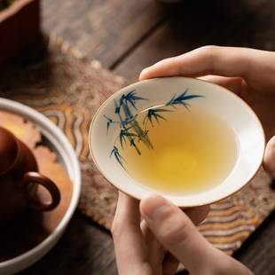 米黄汝窑手绘斗笠杯个人主人杯茶杯家用陶瓷品茗杯小茶碗