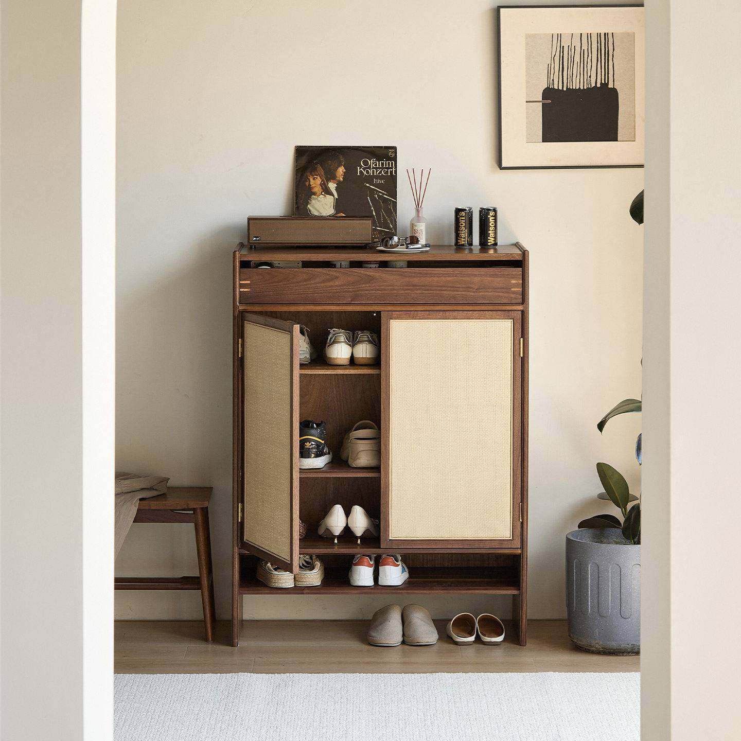 留意实木鞋柜家用门口客厅复古收纳储物柜藤编入户玄关置物柜鞋架,住宅家具,鞋柜,淘宝优惠券,粉丝福利购,淘宝优惠卷