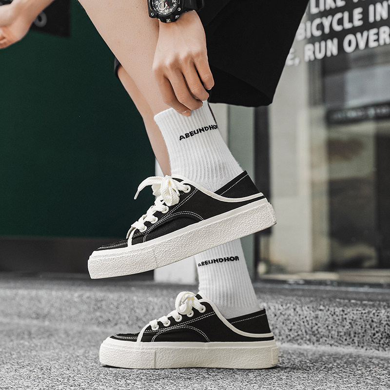 后跟可踩男c鞋夏季踩脚鞋半拖懒人半托帆布鞋厚底布鞋小众百搭板,流行男鞋,休闲板鞋,淘宝优惠券,粉丝福利购,淘宝优惠卷