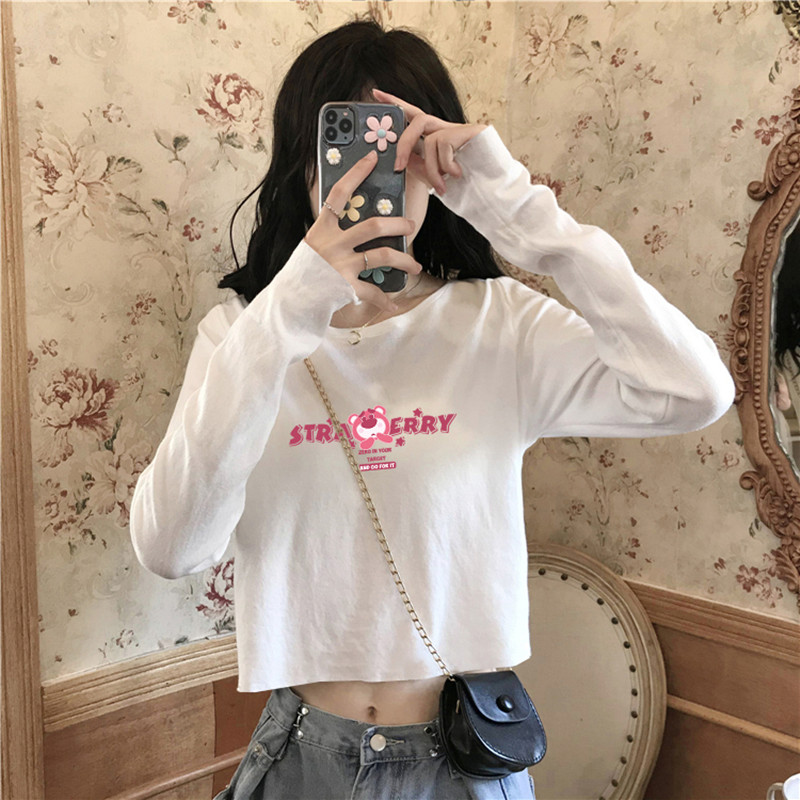 纯棉短款长袖女装2025新款潮百搭黑色白色遮肉女洋气高档甜美上衣