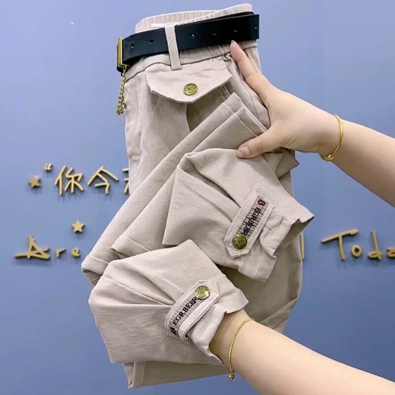 牛仔棉老爹裤女休闲秋季新款九分哈伦裤宽松显瘦米色裤子洋气百搭