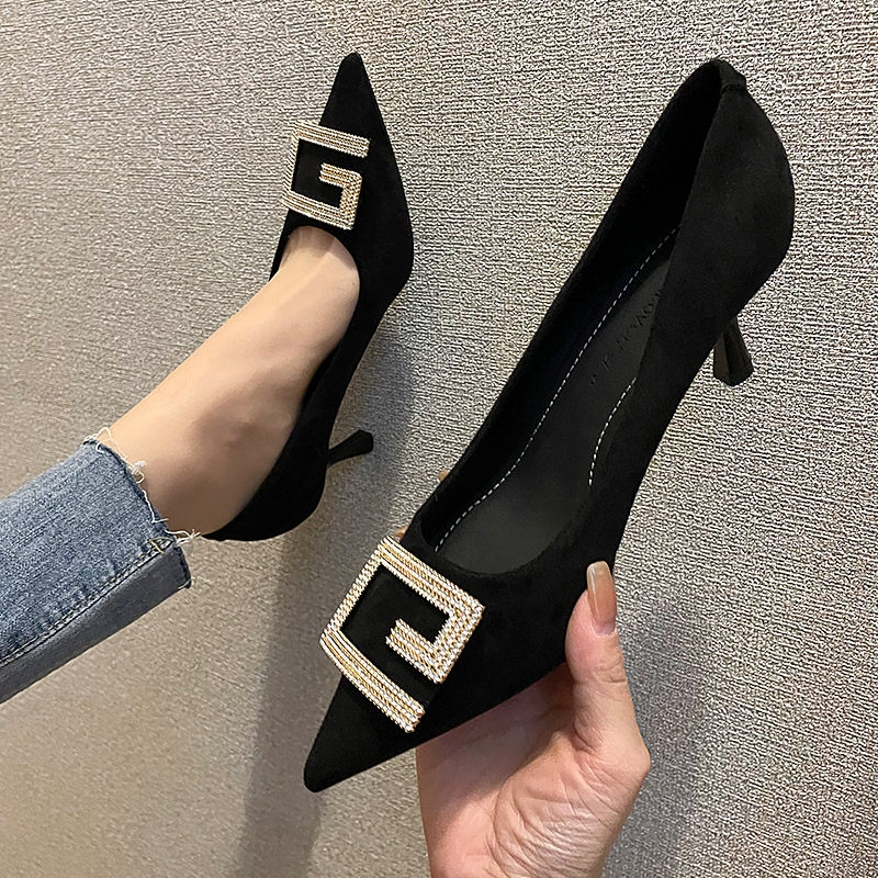 低跟黑色职业高跟鞋女夏2023年新款气质尖头浅口水钻3cm细跟单鞋