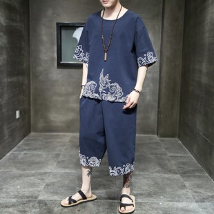 睡衣男夏季宽松大码短袖九分裤棉麻中式亚麻汉服可外穿家居服套装