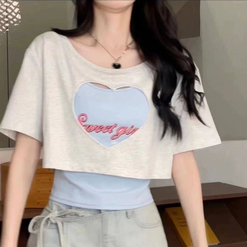 大尺码女装微胖女生穿搭夏季辣妹短款镂空短袖T恤显瘦小背心两件