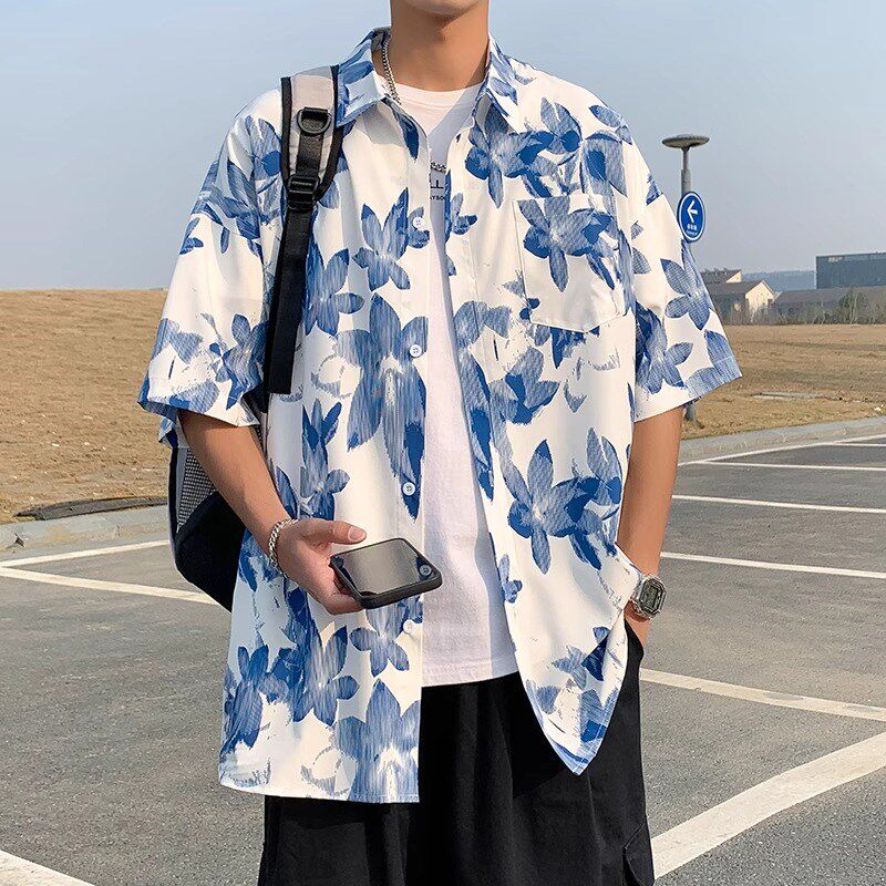 短袖花衬衫的男孩夏季2025新冰丝绸薄宽松设计夏威夷男子衬衫