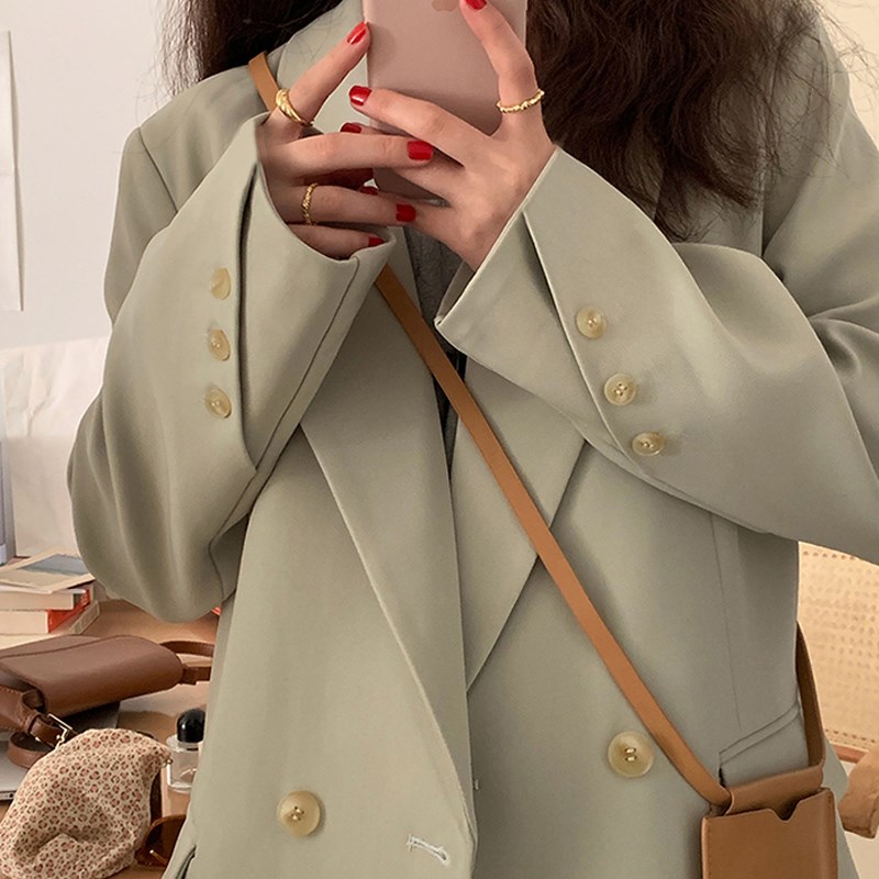 薄荷绿色西装外套女装春秋2023新款高级设计感小个子咖色炸街西服