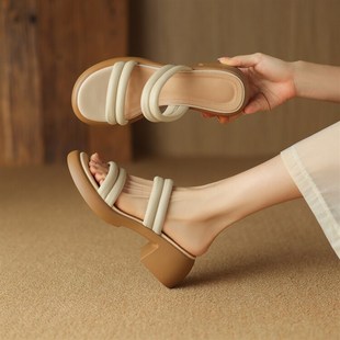 子 圆头露趾厚底防水台高跟外穿凉拖鞋 头层牛皮粗跟一字拖鞋 女夏季