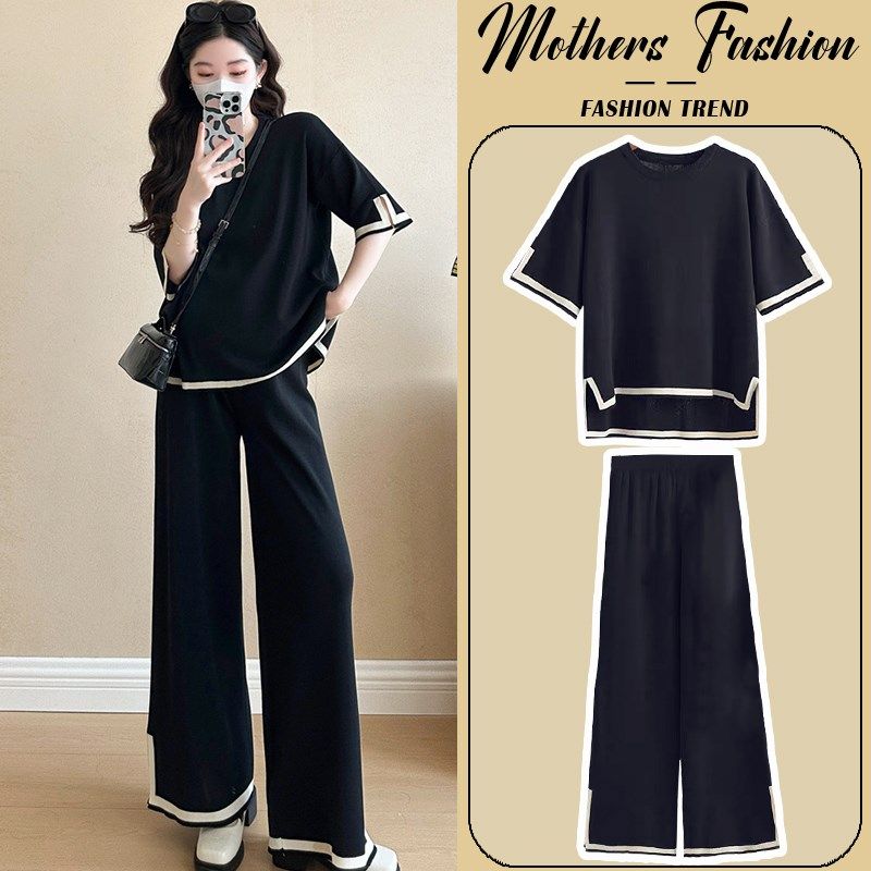 孕妇套装夏季2025新款黑色宽松显瘦时尚减龄外出上衣裤子两件套女