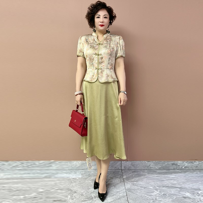 新中式妈妈夏装气质连衣裙50岁中年女显瘦中长款裙子中老年人长裙