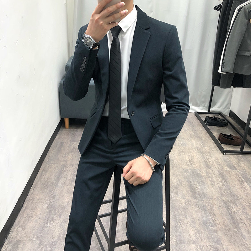 韩国2021秋季新款英伦西服套装男休闲韩版修身潮流婚礼西装男套装