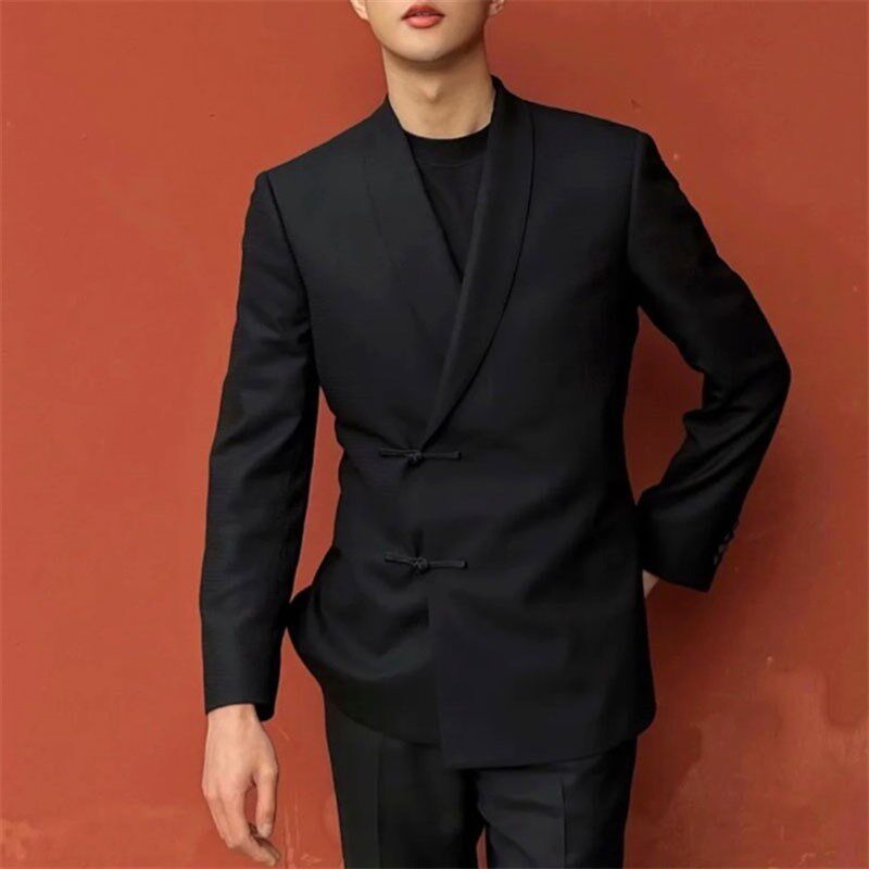 男士中国风休闲盘扣西服宴会修身上衣新郎伴郎礼服外套纯色西装