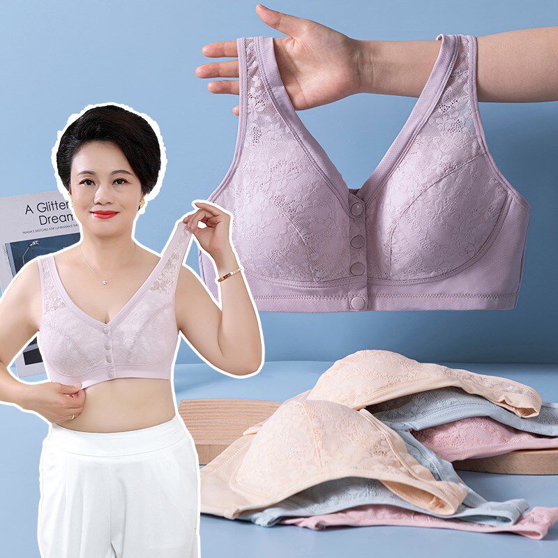 妈妈无钢圈内衣前开扣文胸薄y中年妇女纯棉中老年人大码胸罩背心