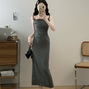 法式灰色蕾丝拼接吊带连衣裙子女夏季2025新款气质包臀长裙