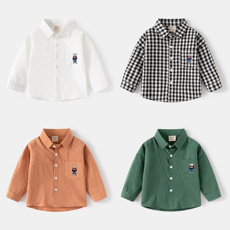 男童薄款衬衫春季新款儿童刺绣熊衬衣韩版宝宝长袖方领小衬衣夏装