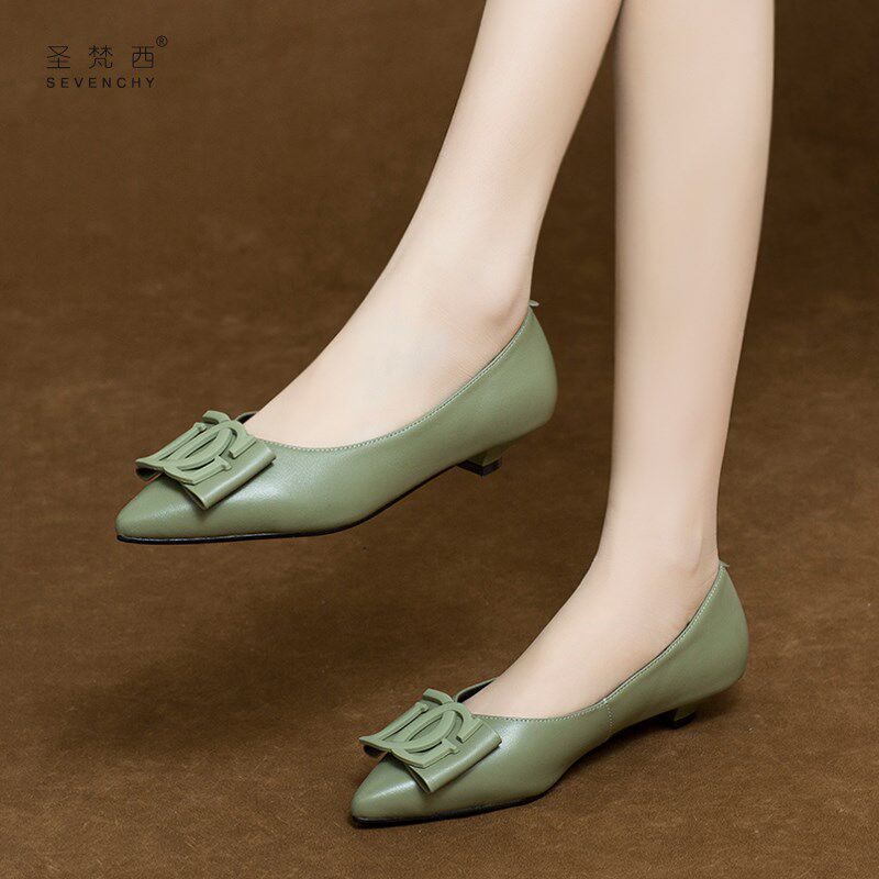 2020年新款春季尖头单鞋女低跟高跟鞋矮跟细跟春款3cm小跟真皮鞋