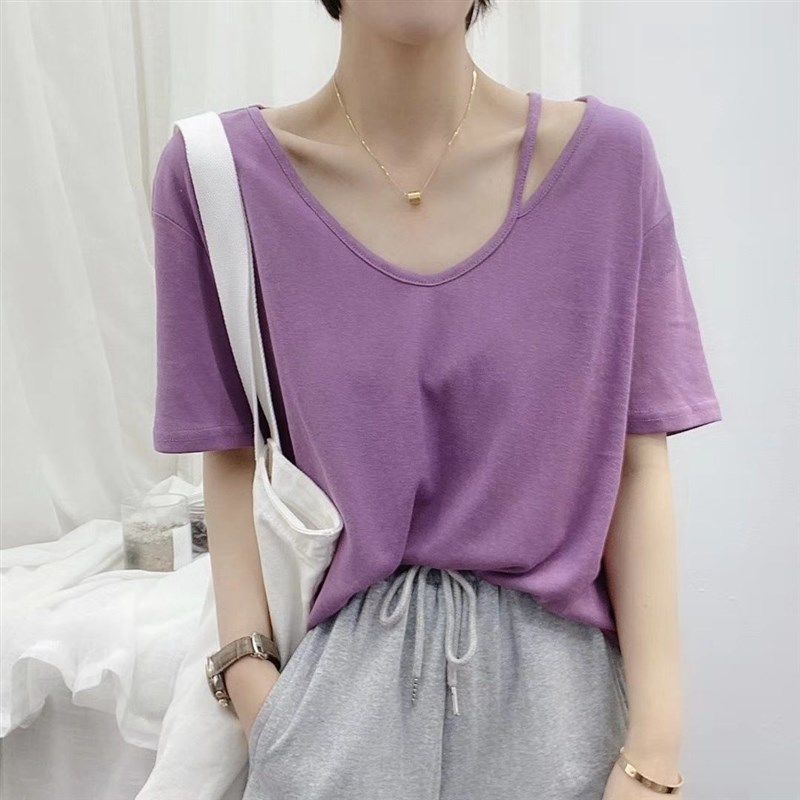 2021夏季新款亚麻V领短袖t恤女大码宽松显瘦纯色半袖体恤棉麻上衣