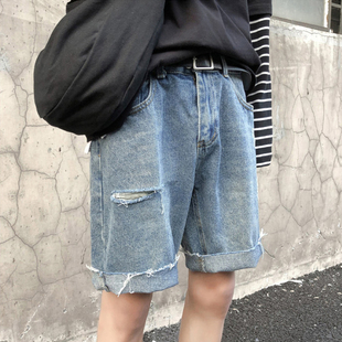 男2021年新款 中裤 潮牌宽松直筒破洞五分裤 潮流薄款 子夏季 牛仔短裤