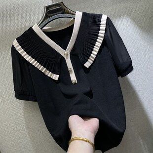T恤女夏洋气雪纺袖 大码 上衣 花边V领减龄冰丝短袖 200斤 女装