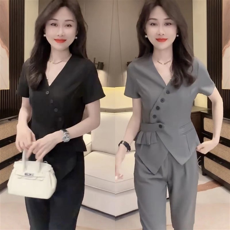2024夏时尚收腰设计显瘦休闲气质职业套装女V领上衣九分裤两件套