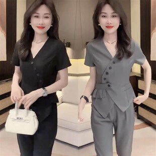 2024夏时尚收腰设计显瘦休闲气质职业套装女V领上衣九分裤两件套
