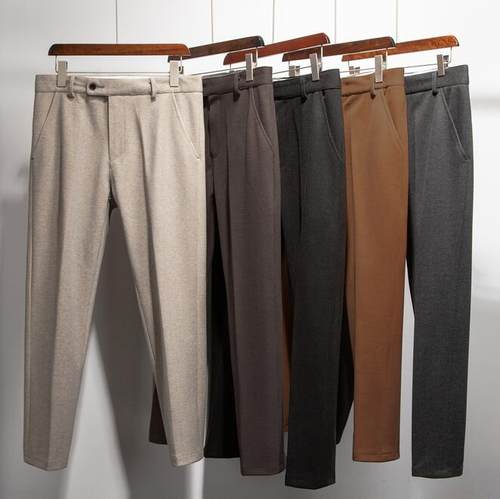毛呢裤子男宽松小脚长裤 垂感弹力毛呢秋冬直筒九分休闲裤加厚款