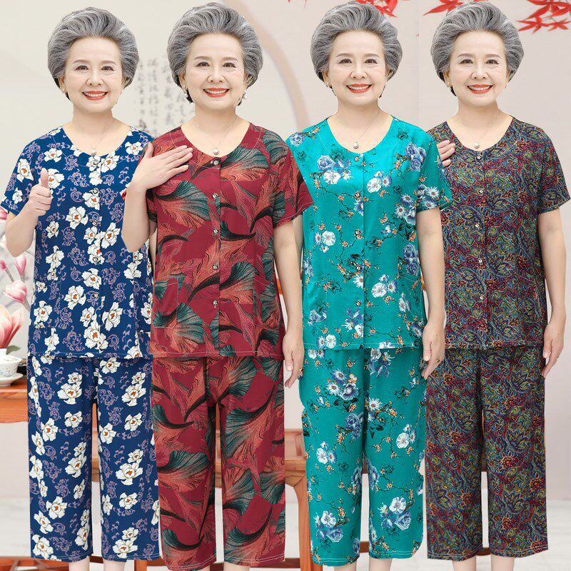 中老年妈妈女装夏季棉绸套装老年人开衫短袖衬衣居家奶奶衣服睡衣