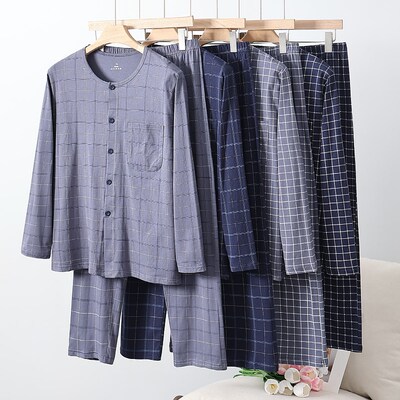 夏季睡衣睡裤男款纯棉中老年全棉爸爸春秋薄款老人长袖家居服套装