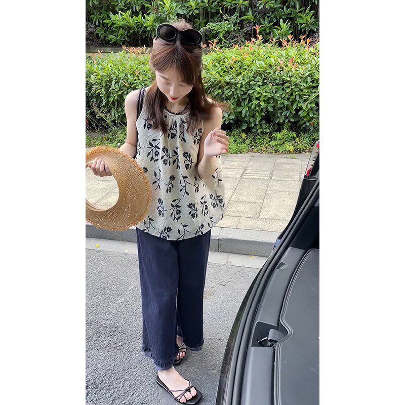 清纯系夏日穿搭套装独特绝美温柔风无袖印花衬衫花边阔腿裤两件套