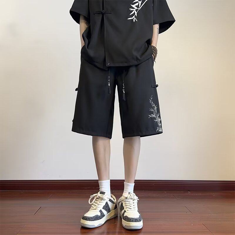 特大码300斤新中式国风盘扣西装短裤男夏季国潮刺绣休闲五分中裤2