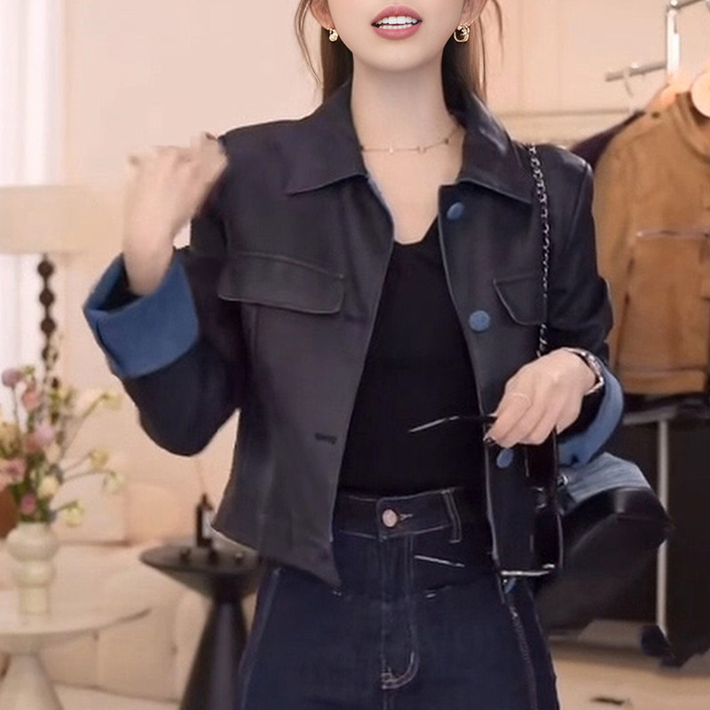 韩版设计感拼色皮衣外套女2025秋季新款宽松百搭气质短款夹克上衣