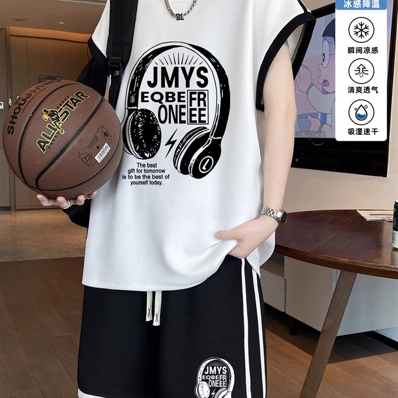 夏季冰丝无袖t恤男生初中学生运动服青少年大儿童背心短裤两件套