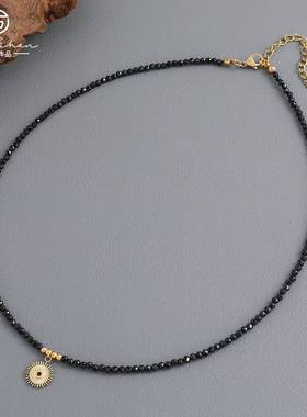 欧美跨境黑尖晶手工串珠项链小众高级感不锈钢吊坠百搭气质锁骨链