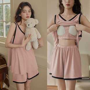 睡衣女夏冰丝带胸垫背心可外穿大码薄款多巴胺透气运动家居服套装