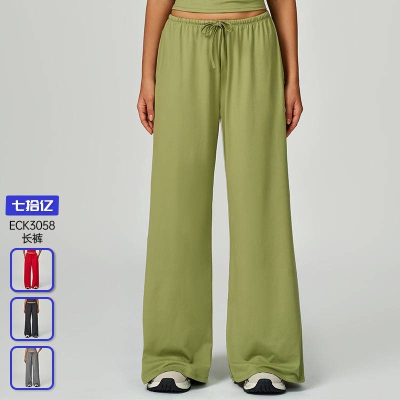 欧美跨境磨毛长裤垂坠阔腿宽松休闲裤女运动健身松紧抽绳长裤3058