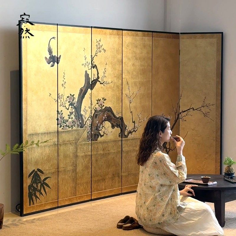 宋代美学金箔屏风隔o断中式手绘漆画日式客厅茶室侘寂风折屏定制