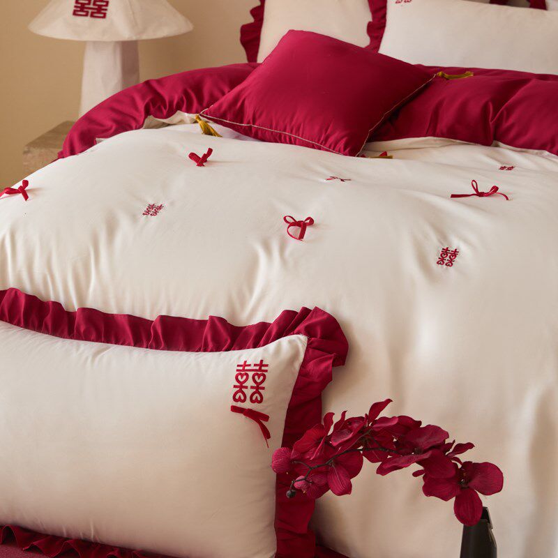 A类浪漫法式花边婚庆四s件套喜刺绣全棉结婚被套婚嫁床上用品4,床上用品,婚庆床品套件,淘宝优惠券,粉丝福利购,淘宝优惠卷