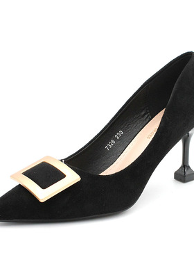 时尚黑色高跟鞋女细跟猫跟2022B春季新款中跟尖头浅口单鞋女工作