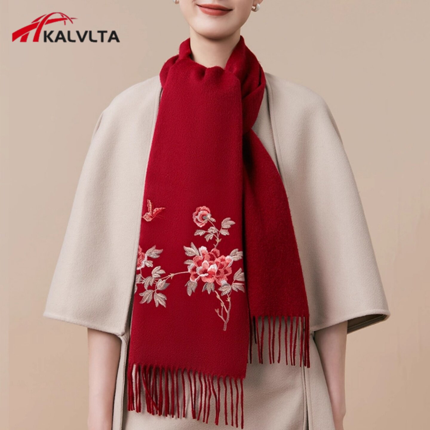 KALVLTA 红色羊毛围巾女刺绣花卉流苏边本命年礼物高级礼盒高级感