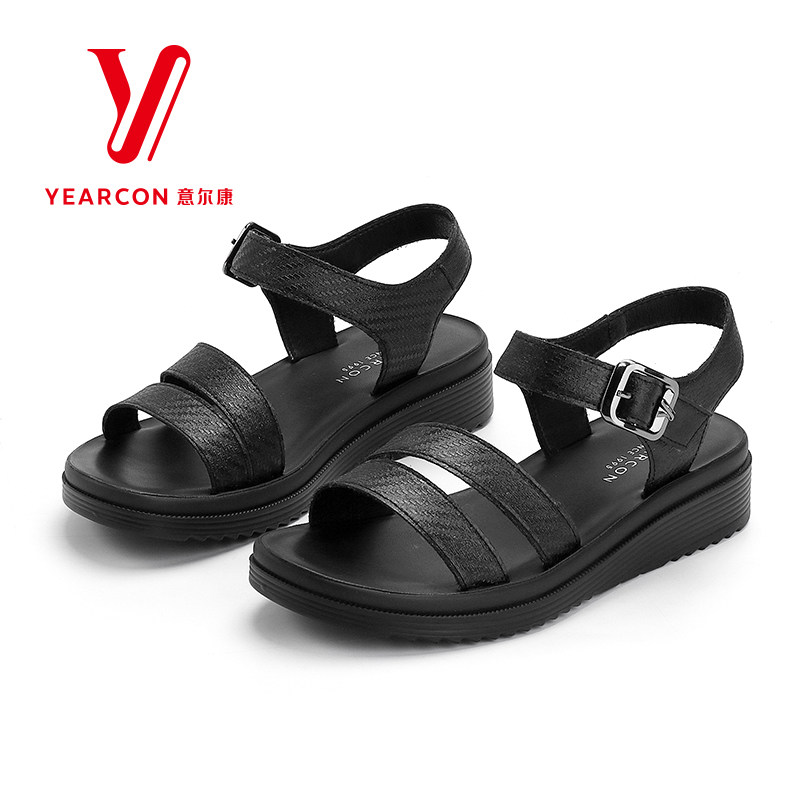 意尔康凉鞋女2025夏季新款平底舒适黑色休闲百搭凉鞋5364AL10156U