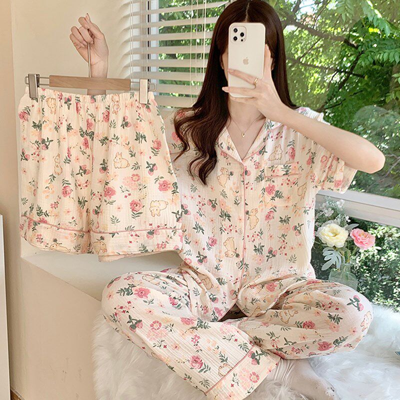 睡衣女款夏季纯棉可爱卡通三件套A装薄款大码睡裤网红风春秋家居