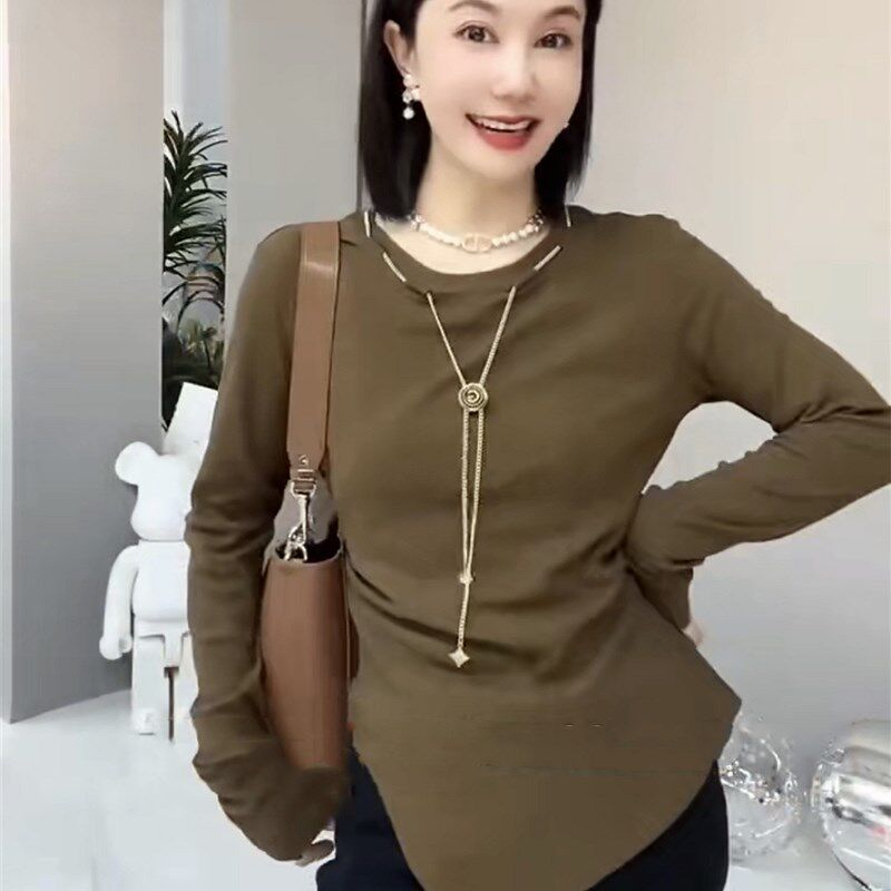 欧货秋季新款纯色开衩重工链条圆领长袖T恤上衣小衫打底衫大码潮