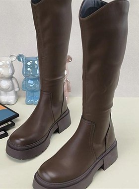 网红中跟时尚不过膝长靴女2024冬季加绒v口显瘦百搭时装高筒靴