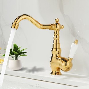 轻奢法式黄铜锆金色面盆龙头冷热陶瓷手柄卫生间洗脸盆复古水龙头
