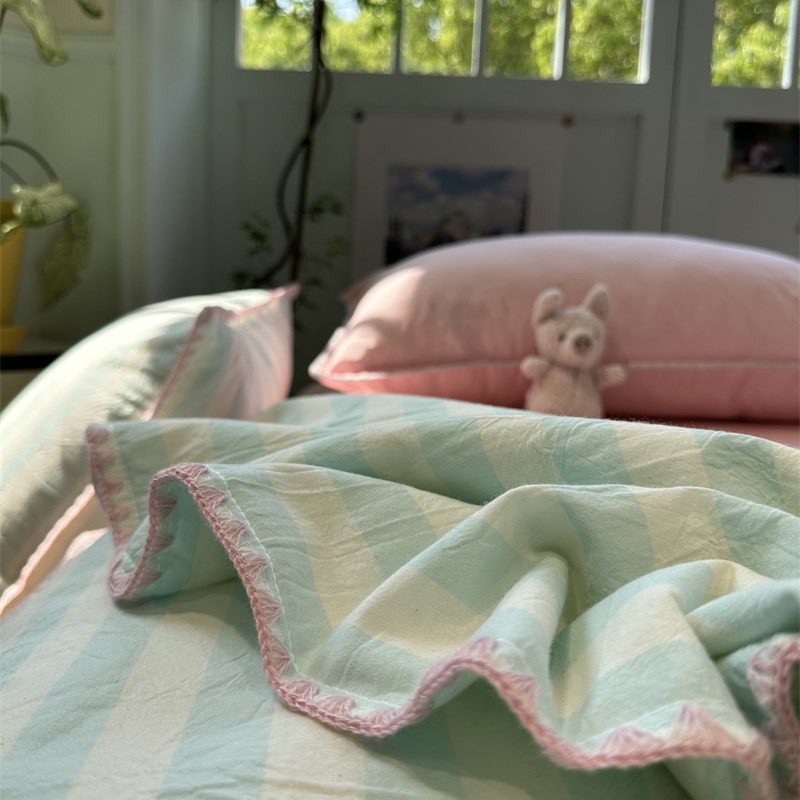 少女心蓝色条纹纯棉夏凉被四件套水洗棉全棉空调被薄被芯子单双人